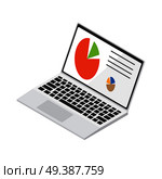 Open laptop displays screen with colored diagrams isolated on white background. Modern device with statistical data on monitor. Vector illustration of modern technologies that help do business.. Laptop Displays Colored Diagrams Illustration. Стоковая иллюстрация, агентство Ingram Publishing / Фотобанк Лори