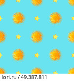 Starry seamless pattern with orange sea urchins. Yellow fluffy pompons and five-pointed stars vector illustrations on blue background for wrapping paper, greeting cards or invitations, print design. Urchins with Starts Seamless Pattern Vector. Стоковая иллюстрация, агентство Ingram Publishing / Фотобанк Лори
