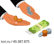 Offer of money isometric projection concept. Businessman hands point to banknotes pack and stack of coins vector on white. Loan proposition, donation or salary 3d illustration for business concept. Offer of Money Isometric Projection Concept. Стоковая иллюстрация, агентство Ingram Publishing / Фотобанк Лори