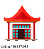 Oriental type of building with ruddy triangular roof, two columns and many little blue windows with red frame in flat design. Vector illustration of isolated dwelling in asian style on white.. Oriental Type of Building with Triangular Roof. Стоковая иллюстрация, агентство Ingram Publishing / Фотобанк Лори