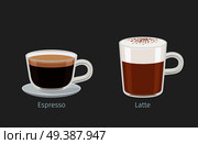 Coffee cups with Latte and Espresso on grey background with name text under each cup. Kinds of Italian coffee. Minimalist isolated vector illustration of hot drinks for coffee shops and cafes.. Latte and Espresso Coffee Drinks Illustration. Стоковая иллюстрация, агентство Ingram Publishing / Фотобанк Лори