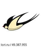 Spring cartoon black and white swallow with red beak in motion isolated on white background. Bird spread wings and fly vector illustration. Symbol of beginning of spring and warm sunny weather.. Cartoon Spring Swallow During Flight Illustration. Стоковая иллюстрация, агентство Ingram Publishing / Фотобанк Лори