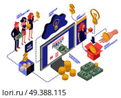 Isometric crowdfunding horizontal composition with computer internet service pictograms images of contributing people sharing money coins vector illustration. Startup Donations Isometric Flowchart. Стоковая иллюстрация, агентство Ingram Publishing / Фотобанк Лори