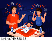 Infants sleeping problems composition with frustrated parents soothing crying newborn baby at night blue background vector illustration. Baby Crying At Night. Стоковая иллюстрация, агентство Ingram Publishing / Фотобанк Лори