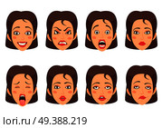 Women facial gestures happiness surprise disgust sadness emotions 8 cute mouth cartoon icons set isolated vector illustration. Woen Facial Gestures Set. Стоковая иллюстрация, агентство Ingram Publishing / Фотобанк Лори