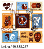 International friendship peace freedom love equality solidarity symbols on air mail envelope postage stamps collection vector illustration . International Friendship Symbols Stamps. Стоковая иллюстрация, агентство Ingram Publishing / Фотобанк Лори