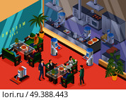 Isometric and colored robotic restaurant concept with specialized restaurant with coworkers robots vector illustration. Isometric Robotic Restaurant Concept. Стоковая иллюстрация, агентство Ingram Publishing / Фотобанк Лори