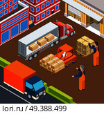 Industrial machines isometric composition with auto loaders trucks and human characters of workers in uniform vector illustration. Industrial Vehicular Loading Composition. Стоковая иллюстрация, агентство Ingram Publishing / Фотобанк Лори