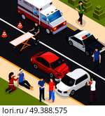 Emergency team isometric composition showing car accident with watchers paramedics providing first aid policeman interviewing witnesses vector illustration. Emergency Team Isometric Composition. Стоковая иллюстрация, агентство Ingram Publishing / Фотобанк Лори