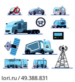 Autonomous vehicles cruise system flat icons set with unmanned car truck bus radar gps controlled vector illustration . Autonomous Driverless Vehicles Set. Стоковая иллюстрация, агентство Ingram Publishing / Фотобанк Лори
