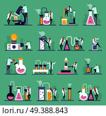 Science lab flat icons, human characters, test tubes and vials with substances, green background, isolated vector illustration. Science Lab Flat Icons. Стоковая иллюстрация, агентство Ingram Publishing / Фотобанк Лори