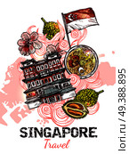 Singapore hand drawn sketch poster with flag of republic buddha tooth relic temple and marina bay sands icons vector illustration. Singapore Hand Drawn Sketch Poster. Стоковая иллюстрация, агентство Ingram Publishing / Фотобанк Лори