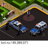 High school isometric people composition of outdoor police cordon with cars armed policemen and killer schoolboy vector illustration. Shooting At School Composition. Стоковая иллюстрация, агентство Ingram Publishing / Фотобанк Лори