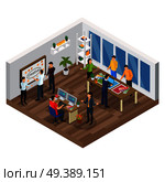 Advertising agency isometric composition with creative team, planning process, computer designer, office interior, vector illustration. Advertising Agency Isometric Composition. Стоковая иллюстрация, агентство Ingram Publishing / Фотобанк Лори