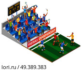 Football championship isometric composition with spectators on stadium tribune gamers on field and board with score of match vector illustration. Football Championship Isometric Composition. Стоковая иллюстрация, агентство Ingram Publishing / Фотобанк Лори