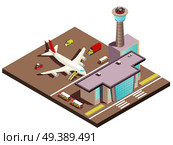Airport building isometric design concept with control tower and landing airplane on airfield vector illustration   . Airport Isometric Design Concept. Стоковая иллюстрация, агентство Ingram Publishing / Фотобанк Лори