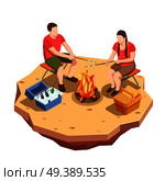 Camping hiking isometric icons composition with view of outdoor picnic date with campfire and a couple vector illustration. Campfire Outing Isometric Composition. Стоковая иллюстрация, агентство Ingram Publishing / Фотобанк Лори