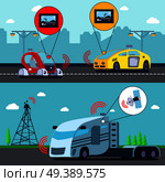 Autonomous driverless vehicles on road 2 flat horizontal banners with gps controlled truck and cars vector illustration  . Autonomous Driverless Vehicles Banners . Стоковая иллюстрация, агентство Ingram Publishing / Фотобанк Лори
