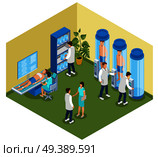 Medicine of the future isometric composition with view of hospital room with cryo chambers and people vector illustration. Futuristic Medicine Isometric Composition. Стоковая иллюстрация, агентство Ingram Publishing / Фотобанк Лори