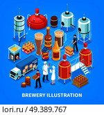 Brewery production isometric elements composition with barley grain milling  mashing boiling fermentation bottling blue background vector illustration . Brewery Isometric Composition. Стоковая иллюстрация, агентство Ingram Publishing / Фотобанк Лори