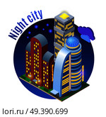 Luminous sky scrapers with modern architecture at night isometric round composition on dark background vector illustration. Sky Scrapers At Night Illustration. Стоковая иллюстрация, агентство Ingram Publishing / Фотобанк Лори