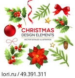 Christmas design elements set. Xmas decorations and objects. Poinsettia, fir branch, mistletoe berries, pinecone design elements. Christmas ball, ribbon and bow. Isolated vector detailed illustration. Christmas design elements set. Стоковая иллюстрация, агентство Ingram Publishing / Фотобанк Лори