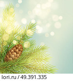 Realistic fir-tree branch with pinecone illustration. Spruce twig with bump on light background. Christmas decoration with glowing circle sparks. Postcard, banner design. Isolated vector. Realistic fir-tree branch with pinecone illustration. Стоковая иллюстрация, агентство Ingram Publishing / Фотобанк Лори