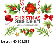 Christmas design elements set. Poinsettia, fir branch, mistletoe twigs with berries, pinecone design elements. Xmas decorations. Christmas ball, ribbon and bow. Isolated vector detailed illustration. Christmas design elements set. Стоковая иллюстрация, агентство Ingram Publishing / Фотобанк Лори