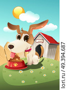 A vector illustration of a dog eating in front of the doghouse. Стоковая иллюстрация, агентство Ingram Publishing / Фотобанк Лори