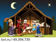 A vector illustration of Christmas concept of the birth of Jesus Christ with Joseph and Mary accompanied by the three wise men . Стоковая иллюстрация, агентство Ingram Publishing / Фотобанк Лори