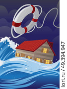 A vector illustration of home insurance concept, a flooded house being saved by a lifesaver. Стоковая иллюстрация, агентство Ingram Publishing / Фотобанк Лори