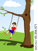 A vector illustration of a happy kid swinging on a tree outside. Стоковая иллюстрация, агентство Ingram Publishing / Фотобанк Лори