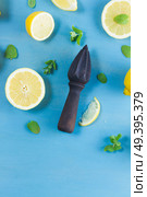 Fresh lemon citrus fruits with citrus reamer on blue bakground with copy space. Fresh lemon fruits. Стоковое фото, агентство Ingram Publishing / Фотобанк Лори