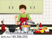 A vector illustration of a young man cooking in the kitchen. Стоковая иллюстрация, агентство Ingram Publishing / Фотобанк Лори