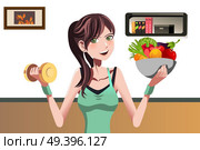 A vector illustration of a beautiful girl holding a dumbbell and a bowl of food. Стоковая иллюстрация, агентство Ingram Publishing / Фотобанк Лори