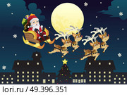 A vector illustration of Santa Claus riding the the sleigh pulled by reindeers in the middle of winter night. Стоковая иллюстрация, агентство Ingram Publishing / Фотобанк Лори