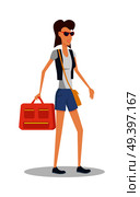 Summer vacation concept. Red head girl travels with luggage. Traveling with handbag baggage illustration. Flat style design. Woman in sunglasses with ladies bag and luggage. Isolated on white. Summer Vacation Concept Girl Travels with Luggage. Стоковая иллюстрация, агентство Ingram Publishing / Фотобанк Лори