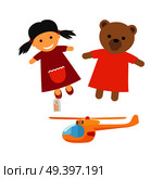 Kids toys for boys and girls. Cute pig-tailed girl, teddy bear in dress dolls and helicopter flat vectors isolated on white background. Vintage toys cartoon illustrations for childhood concepts. Стоковая иллюстрация, агентство Ingram Publishing / Фотобанк Лори
