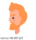 Male cartoon redhead character with beard turned in profile isolated on white background. Man head with beard and thick eyebrows that smiles vector illustration. Human profile portrait image.. Redhead Male Character in Profile Illustration. Стоковая иллюстрация, агентство Ingram Publishing / Фотобанк Лори