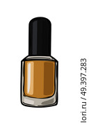 Gold nail varnish in bottle with black lid isolated on background. Fashionable and glamorous nail polish for elegant manicure vector illustration. Modern trendy beauty tool image.. Fashioable Gold Nail Varnish Isolated Illustration. Стоковая иллюстрация, агентство Ingram Publishing / Фотобанк Лори