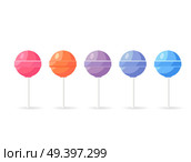 Lollipops candy set isolated on white background. Sweet sugar dessert on stick, lolly bonbons icon vector illustration. Colorful caramels in flat style design. Confectionary treats for children. Lollipops Candy Set Isolated on White Background. Стоковая иллюстрация, агентство Ingram Publishing / Фотобанк Лори