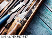 Set of wood chisel for carving wood. Retro carpenter tool. Стоковое фото, агентство Ingram Publishing / Фотобанк Лори