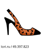 Leopard slingback shoe with black toe on high heel isolated on white background. Fashionable women footgear for chic look. Footwear with print vector illustration. Bright accent in casual outfit.. Glamorous Leopard Slingback Shoe Illustration. Стоковая иллюстрация, агентство Ingram Publishing / Фотобанк Лори