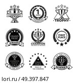 Black and White champion trophies and medals isolated on white background. Awards for first place, for best logotype design vector illustration. Shiny cups and rewards for outstanding achievements.. Black and White Champion Trophies and Medals Set. Стоковая иллюстрация, агентство Ingram Publishing / Фотобанк Лори