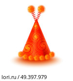 Brightly decorated with spirals and fluffy pompons on antennas party hat. Yellow conical paper cap for festive costumes isolated vector illustration. Birthday or New Year party dressing accessory icon. Стоковая иллюстрация, агентство Ingram Publishing / Фотобанк Лори