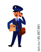 Postman cartoon character in uniform delivering parcel flat vector illustration isolated on white background. Mailman with mailbag holding package and talking on phone. Smiling postal courier icon  . Стоковая иллюстрация, агентство Ingram Publishing / Фотобанк Лори