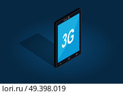 Smart phone with 3G connection flat and shadow theme isolated on blue. Mobile phone with wireless sign. Wireless connectivity concept 3G symbol on smartphone. Vector illustration in flat style.. Smart Phone 3G Connection Flat and Shadow Theme. Стоковая иллюстрация, агентство Ingram Publishing / Фотобанк Лори