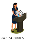 Report of young woman on business conference on white background. Female dressed in blue dress, holding paper in one hand. Two microphones, paper and flask of water vector illustration coaching concept. Report of Young Woman on Business Conference. Стоковая иллюстрация, агентство Ingram Publishing / Фотобанк Лори