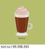 Irish mug with mocha flat vector. Hot invigorating drink with caffeine. Espresso based chocolate flavored coffee with creamy foam on top illustration for coffee house and cafe menus design. Стоковая иллюстрация, агентство Ingram Publishing / Фотобанк Лори