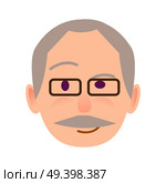 Elderly human in black-rimmed glasses with distrustful look flat icon on white background. Leer face of male conceived the idea. Vector illustration of character and face emotions in cartoon style. Elderly Human in Glasses with Distrustful Look. Стоковая иллюстрация, агентство Ingram Publishing / Фотобанк Лори